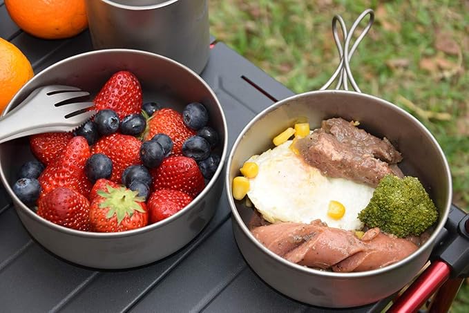 Tentock Titanium Bowls Set 500ml+600ml Ultralight Camping Cookware Outdoor Utensils with Folding Handle