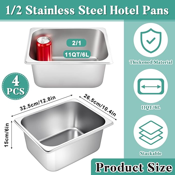 Zubebe 4 Pcs Hotel Pans Stainless Steel Steam Table Pan 1/2 Half Size 6 Inch Restaurant Steam Table Pan Deep Metal Food Tray Commercial Food Pans for Restaurant Party Buffet Catering