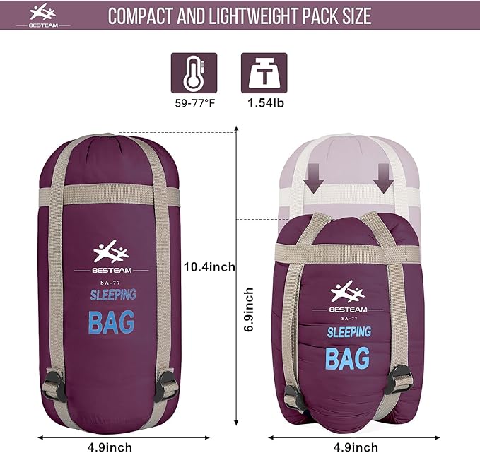 Warm Weather Sleeping Bag - Portable Waterproof Compact Lightweight Packable for Kids Teens Adults Camping Backpacking Hiking Spring Summer Fall