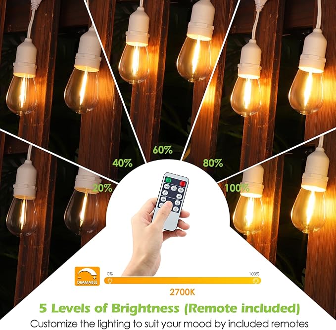 96FT(2 * 48FT) Outdoor String Lights with Remote Dimmable Patio Lights with 30+4 3 Modes 4 Timers LED Bulbs for Deck Gazebo White 2 Pack