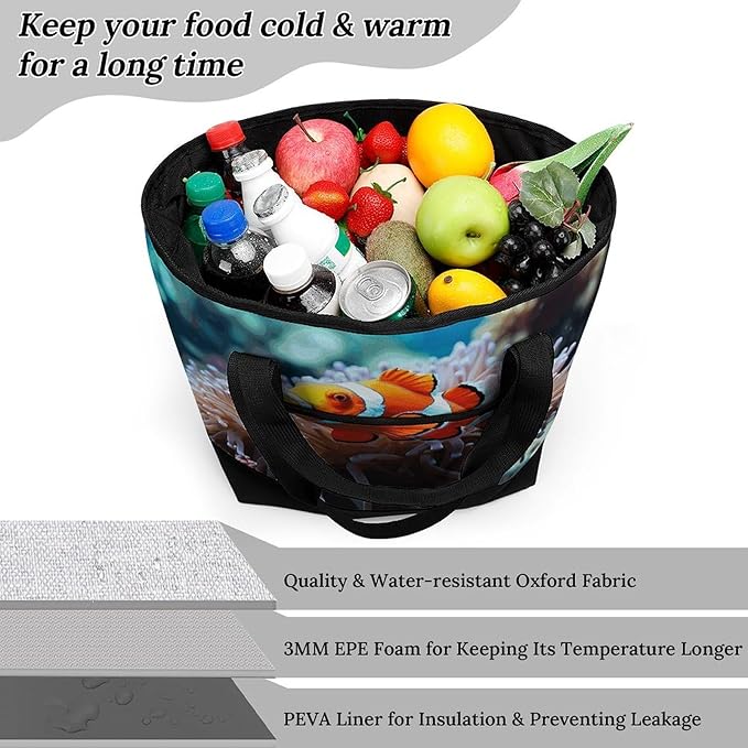 Insulated Shopping BagLarge Reusable Cooler Bags Clown Fish Printed Foldable Shopping BagTravel Waterproof Shoulder Bag