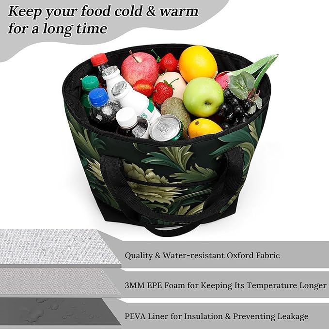 Insulated Shopping BagLarge Reusable Cooler Bags Dark Green And Green Style Printed Foldable Shopping BagTravel Waterproof Shoulder Bag