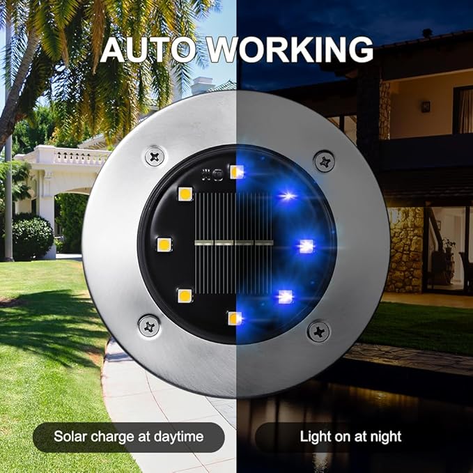 LYHOPE Solar Ground Lights Outdoor 16 Pack 8 LED Solar Disk Lights Waterproof Garden In-ground Pathway Lights Landscape Lighting for LawnYardDeckPatioWalkway (Blue)