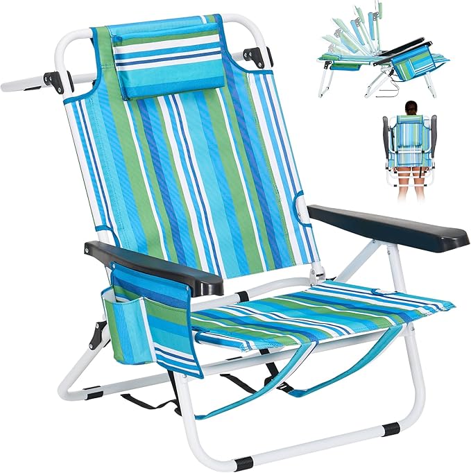 ABORON 5-Position Beach Chair for Adults Lay Flat Reclining Beach Folding Chair with Cooler Bag Backpack Straps Headrest &amp Pouch 350 lbs Capacity Portable for Outdoor Lawn Camping Concert