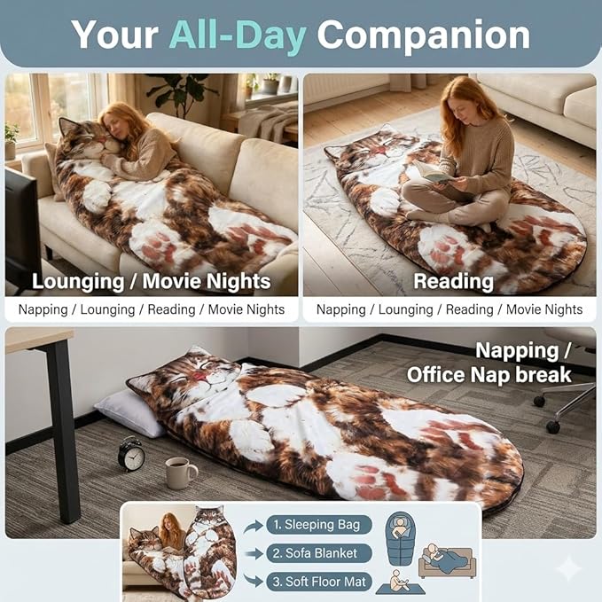 Cat Shaped Plush Sleeping Bag for Adults Ultra-Soft Wearable Blanket Sack Adorable Cat Envelope Sleeping Mat for Sleepovers &amp Lounging Washable Fluffy Animal Bedding Unique for Cat Lovers