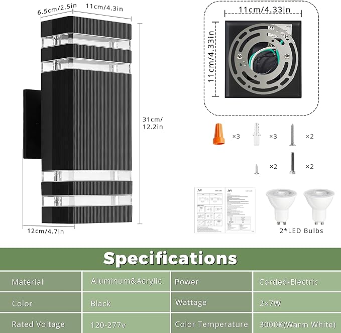 Dusk to Dawn Outdoor LightingSquare Aluminum Up and Down Exterior Lighting Fixtures Wall Mount with 2 * 7W LED Bulbs 3000K Waterproof Outdoor Wall Lights for House Porch Patio Garage Black