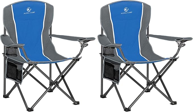 ALPHA CAMP Oversized Camping Folding Chair - Heavy Duty Steel Frame Support 350 LBS Collapsible Padded Arm With Cup Holder Quad Lumbar Back Portable for Outdoor/Indoor