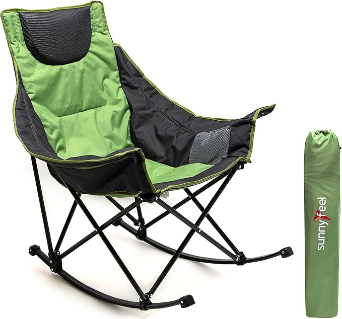 SUNNYFEEL Rocking Camping Chair Luxury Padded Recliner Oversized Folding Lawn Chair with Pocket Heavy Duty for Outdoor/Picnic/Lounge/Patio Portable Camp Rocker Chairs with Carry Bag