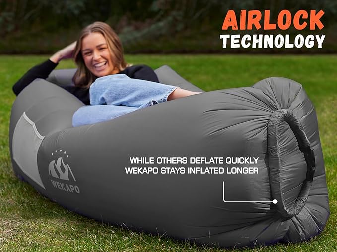 WEKAPO Inflatable Couch Air Lounger Chair - Camping &amp Beach Accessories Portable Blow up Sofa for Hiking Lawn Indoor/Outdoor Movies &amp Music Festivals. Lightweight and Easy to Set Up Air Ham