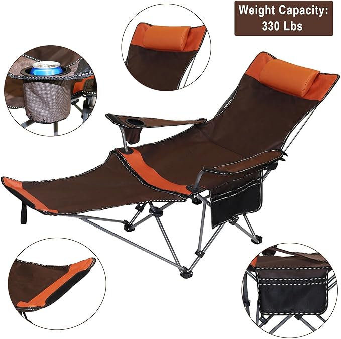 Camping Lounge Chair with Headrest Footrest and Storage Bag Portable Folding Reclining Camping Chair with Foot Rest for Adults Outdoor Camping Beach Hiking Fishing (Orange Brown)