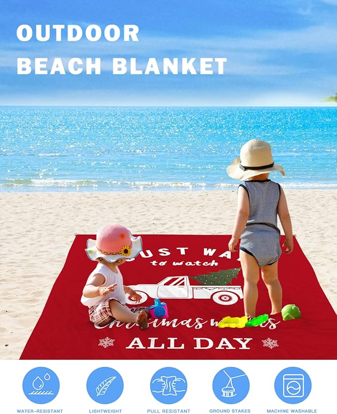 Beach Blanket Waterproof Sandproof Christmas Farm White Truck Quick Drying Beach Mat with 4 Stakes Xmas Red with Quotes Lightweight Picnic Blanket for Travel Camping Outdoor 118x108