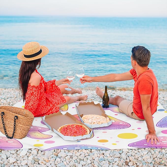 Waterproof Sandproof Beach Blanket 59''×68'' Dream Mushrooms Polyester Outdoor Picnic Blanket with 4 Stakes &amp Storage Bag for BeachCampingVacation White