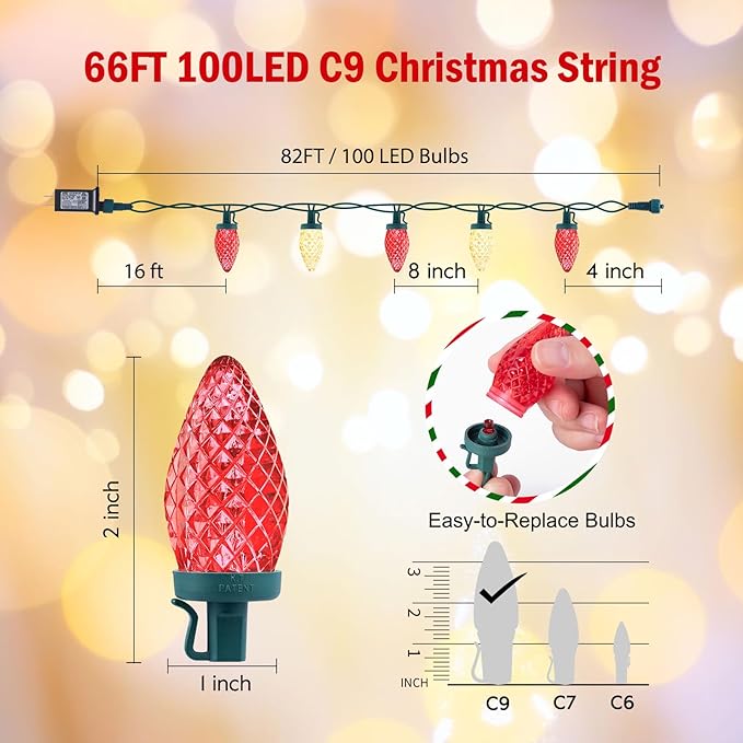 C9 LED Christmas String Lights - 82ft 100 LED Outdoor String Lights with Timer and 8 Lighting Modes Plug in Extendable Roofline Lights String for Outside Yard Porch Christmas Holiday Decoration