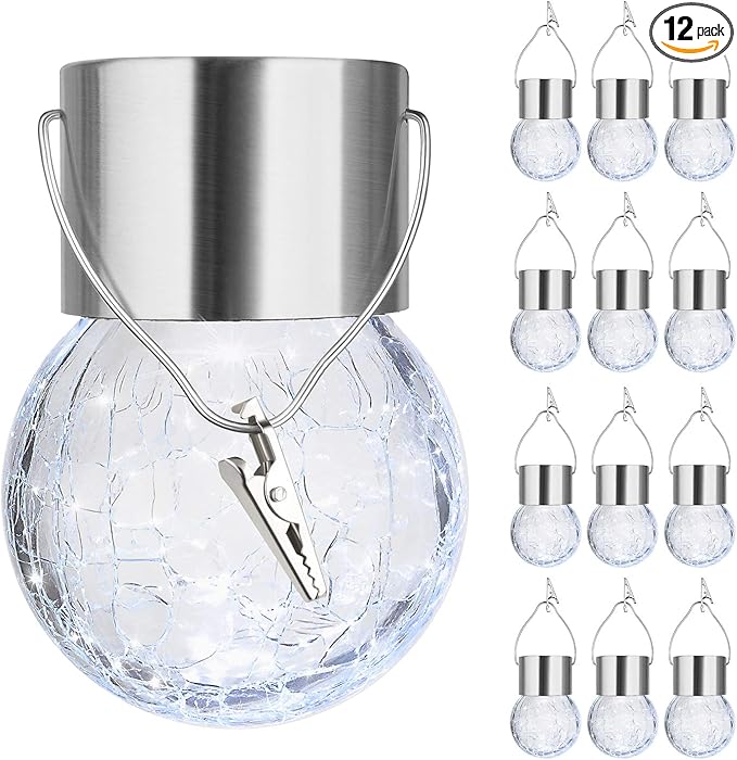 MAXvolador 12-Pack Hanging Solar Lights Decorative Cracked Glass Ball Light Solar Powered Waterproof Globe Lighting for Garden Tree(Cool White)