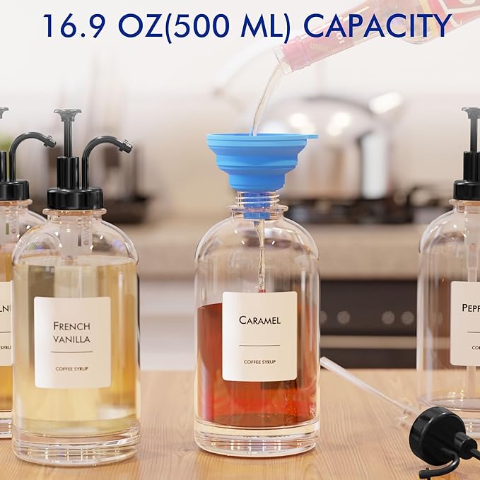16.9 oz/500 ml Coffee Syrup Dispenser Set - 2 Glass Bottles with Black Pumper and Syrup Labels - Precise Dispensing and Stylish Addition to Coffee Shop Cafe or Home Bar