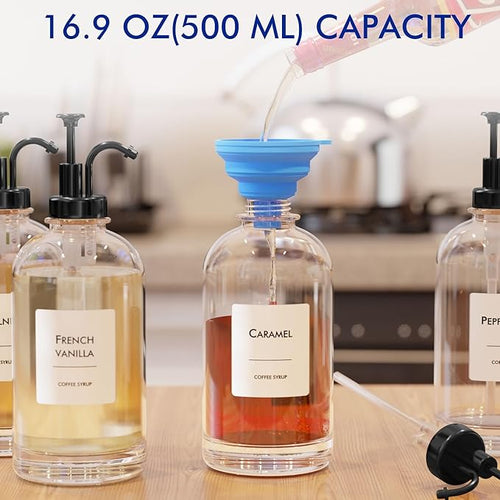 16.9 oz/500 ml Coffee Syrup Dispenser Set - 2 Glass Bottles with Black Pumper and Syrup Labels - Precise Dispensing and Stylish Addition to Coffee Shop Cafe or Home Bar