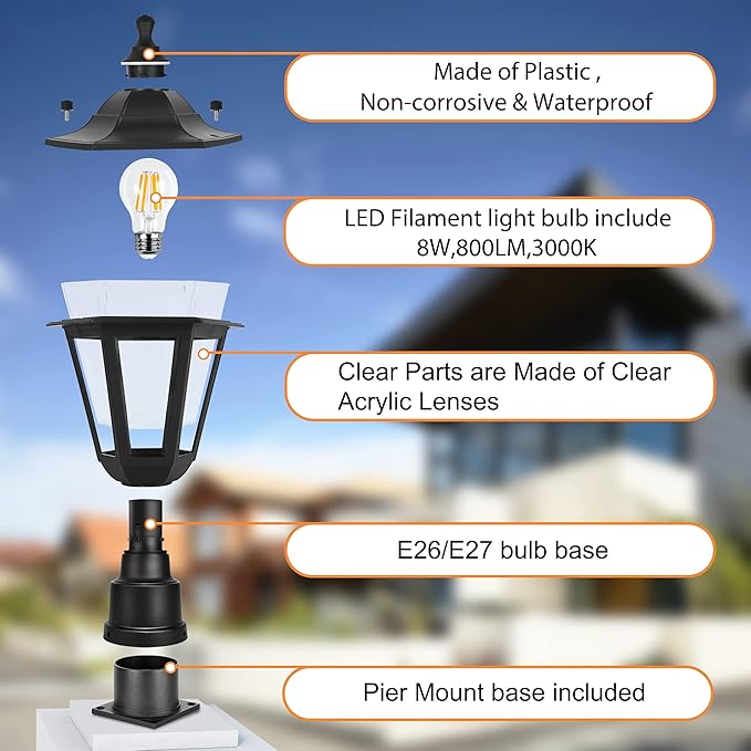 FUDESY Outdoor Post Light Exterior Lamp Post Light Fixture with Pier Mount Base Waterproof Pole Lantern Lighting with E26 Socket Matte Black Plastic Lamp for Garden Patio Pathway(Bulb Included)