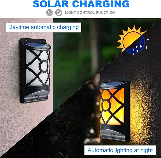 Solar Flame Lights Outdoor - Waterproof Wall Lanterns with Realistic 3D Flickering Flames 66 Ultra Bright LED Fire Effect Light - Garden Decor for Patio Fence Deck - Auto On/Off (4 Pack)