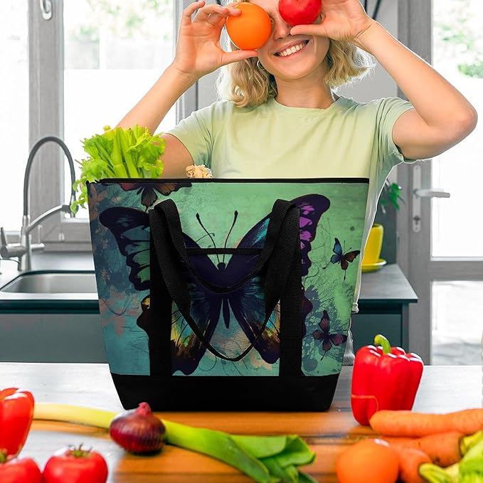 Insulated Shopping BagLarge Reusable Cooler Bags Artistic Butterfly Printed Foldable Shopping BagTravel Waterproof Shoulder Bag