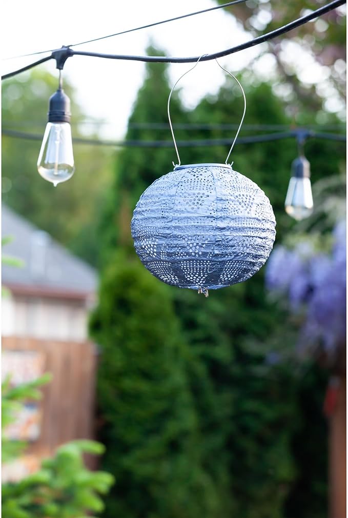 Allsop Soji Stella Globe 8 LED Outdoor Solar Lantern Handmade with Weather-Resistant UV Treated Fabric Stainless Steel Hardware Auto Sensor on/Off for Patio Deck Garden (Metallic Blue)