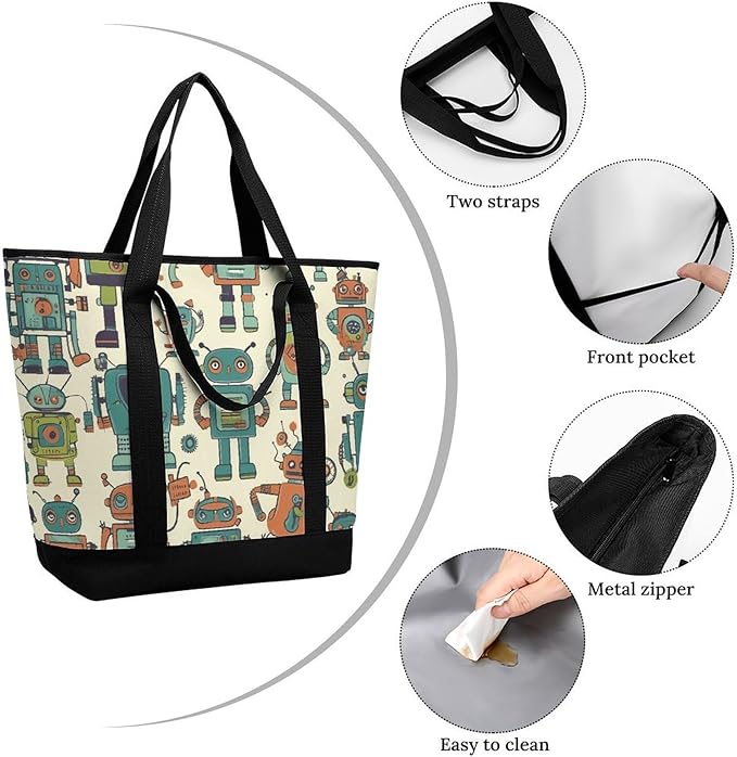 Insulated Shopping BagLarge Reusable Cooler Bags Cute Cartoon Robots Printed Foldable Shopping BagTravel Waterproof Shoulder Bag