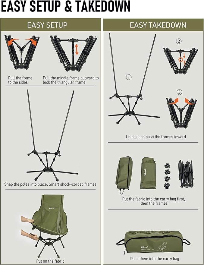 WildCall Lightweight Folding High Back Camping Chair with Head Support Compact Beach Chair with Anti-Sinking Large Feet and Three Tilt Angles Adjustment