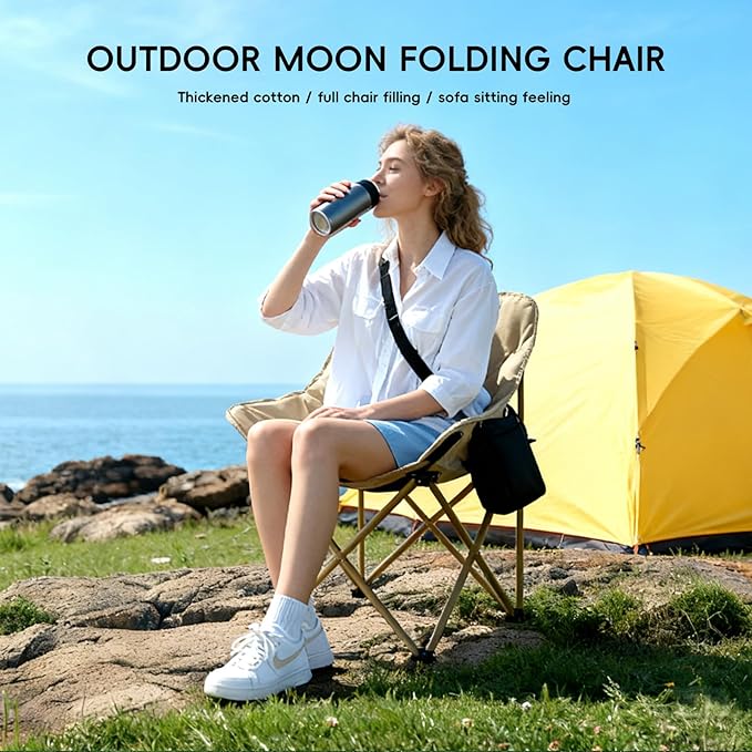Outdoor 3-Layer Padding High Back Moon Chair with Thick Cotton 600D Oxford Fabric Portable Folding Camping Chair with Side Pocket Supports up to 300lbs (Brown)