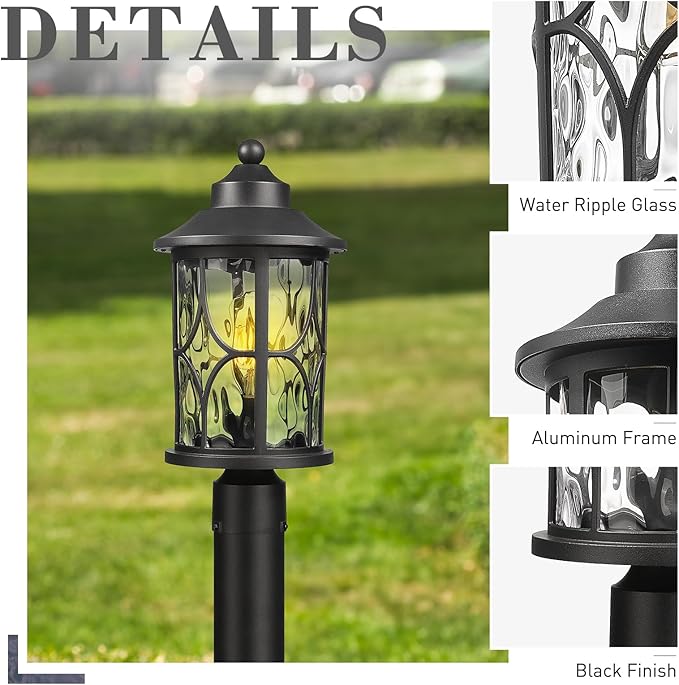 zeyu 17 Inch Black Outdoor Post Lights Modern Exterior Pole Light Lamp Posts Outdoor Lighting for Garden Patio Die-Cast Aluminum with Clear Water Ripple Glass ZX48MP-WG BK