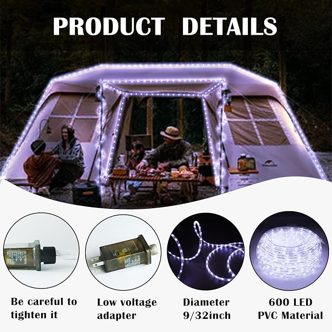 50Ft 600 LED Rope Lights Outdoor White Flexible Tube Light Waterproof Plug in 8 Modes Timer Memory Permanent String Lights for TreePool Bedroom Fence Garden Indoor Outside Decorations