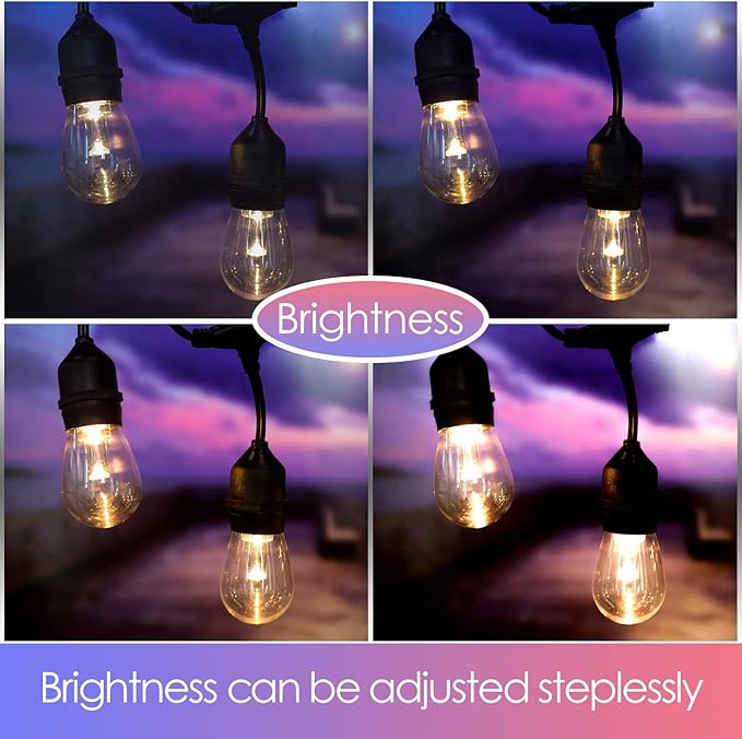 GANA Outdoor String Lights Patio Lights 48FT Music Flash RGBW Colourful Safe 12V Low Voltage LED Shatterproof Bulbs Connectable Heavy Duty Wire IP65 Waterproof Level for Courtyards Cafe Bistro