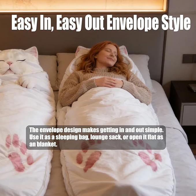Cat Shaped Plush Sleeping Bag for Adults 69 Foldable Cat Envelope Style Lounge Blanket Soft and Washable Easy in and Out for Camping Travel or Relaxing at Home