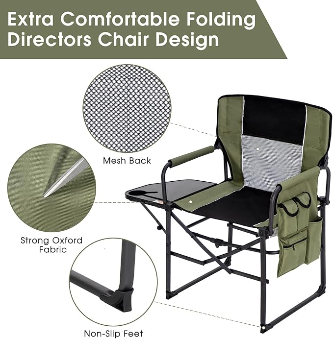 Wide Folding Director Chair with Table Outdoor Camping Chair for Adults with Cup Holder Load 330 Lbs Portable Lightweight Chair for Outside with Carry Bag for Patio Green-2Pack
