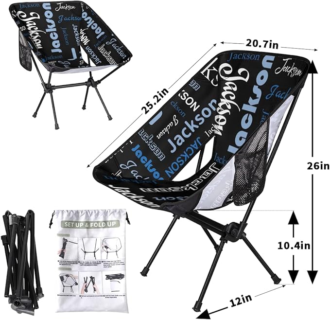 Custom Camping Chair Personalized Portable Backpacking Chair with Name Lightweight Folding Chair for Beach Hiking Black
