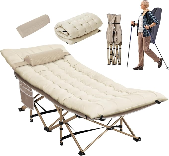 Wide Folding Camping Cots with Pillow &amp Extra Thick 3 Inch Matress Cots for Sleeping 900 LBS Camping Bed for Adults with Cushion Sleeping Cot (Cream)