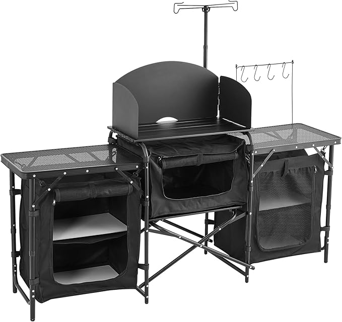 VEVOR Camping Kitchen Table Outdoor Camp Cooking Table Aluminum Portable Cook Station with 3 Storage Cupboard Carrying Bag Detachable Windscreen Quick Set-up for BBQ Party Picnic RV Travel Black