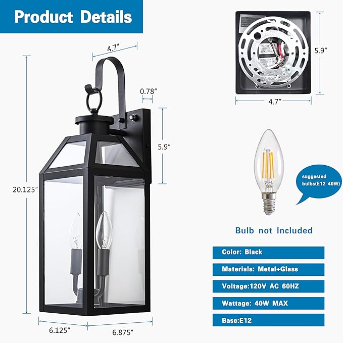 20 Dusk to Dawn Outdoor Wall Light with Sensor - Waterproof Exterior Wall Sconce for Porch Patio Garage Front Door Balcony Entry Modern Hardwired Lantern in Black Metal &amp Glass 2 Light - 2 P