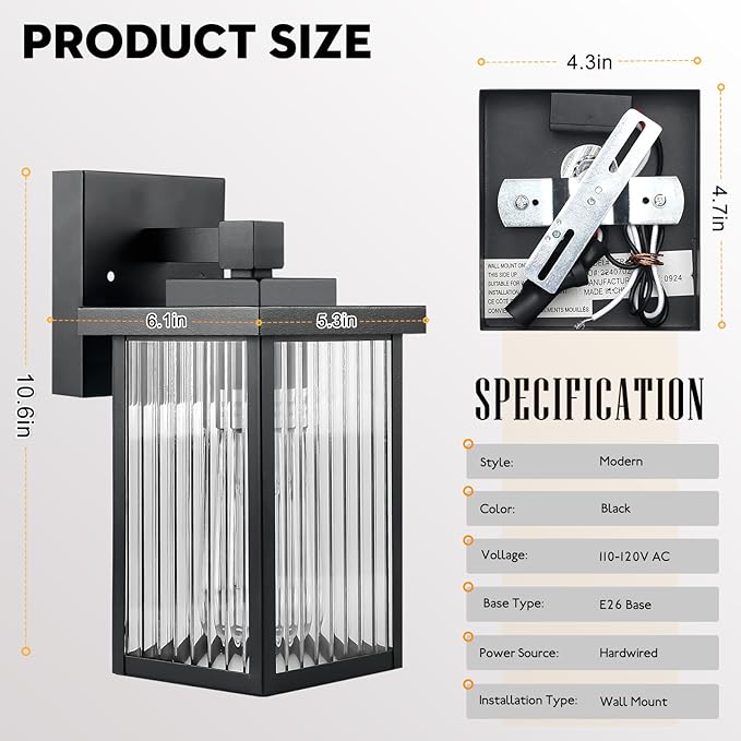 Outdoor Wall Lights for House Exterior - IP65 Waterproof Porch Lights with Textured Glass &amp Matte Black Metal Easy Install Exterior Lighting Fixtures for Garage Front Door