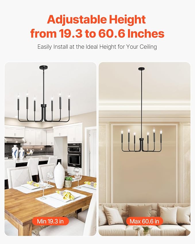 VEVOR 6-Light Chandelier Metal Farmhouse Chandelier Adjustable Height Dining Room Hanging Light Fixture for Ceilings Modern Chandelier for Bedroom Foyer Hall Kitchen Living Room and Entryway