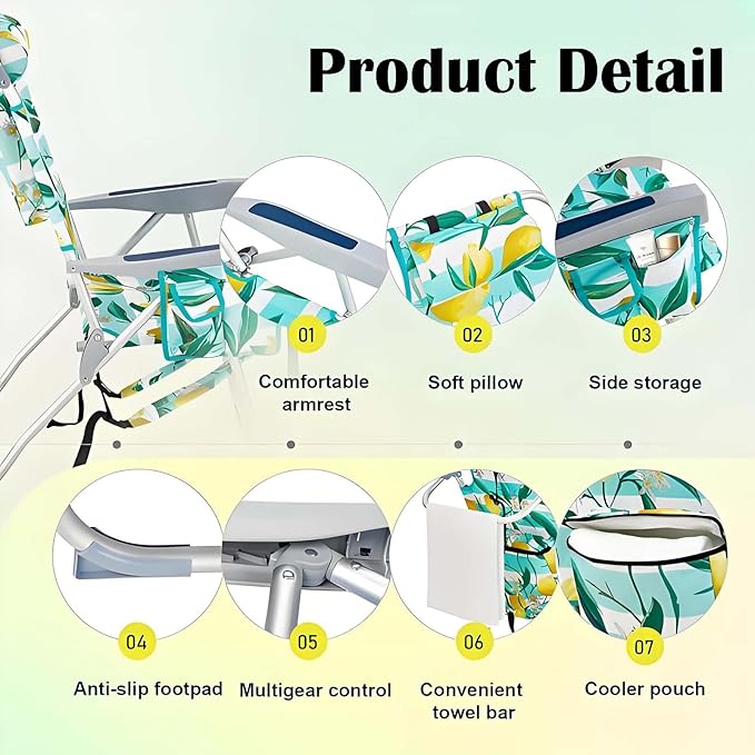 Backpack Beach Chair Adjustable Beach Chairs with 5-Positions Foldable Camping Chair with Headrest Cup Holder Towel bar &amp Armrests Portable Outdoor Chairs for Lawn Concert Garden Picnic