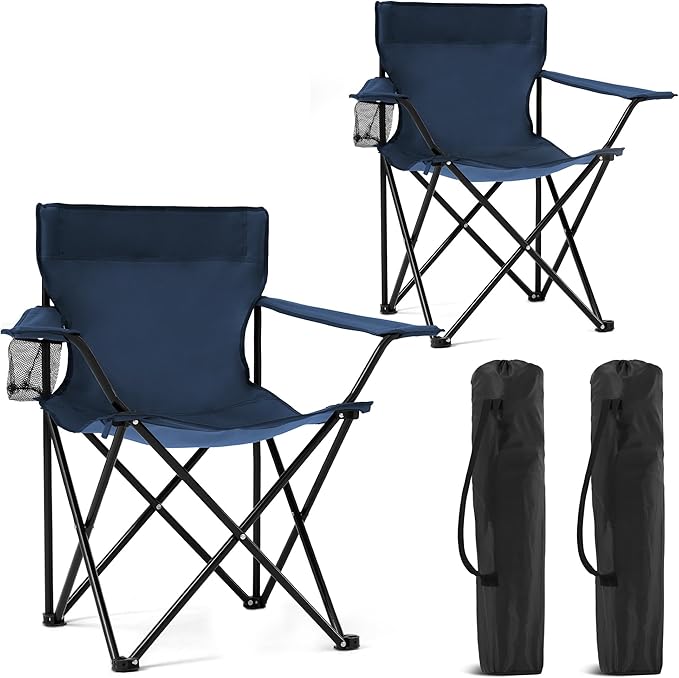 2 Pack Portable Camping Chairs Folding Lawn Chair Outdoor Lightweight Beach Chair with Cup Holder &amp Carry Bag for Outside Sports Fishing Hiking Travel Picnic Backyard Navy Blue