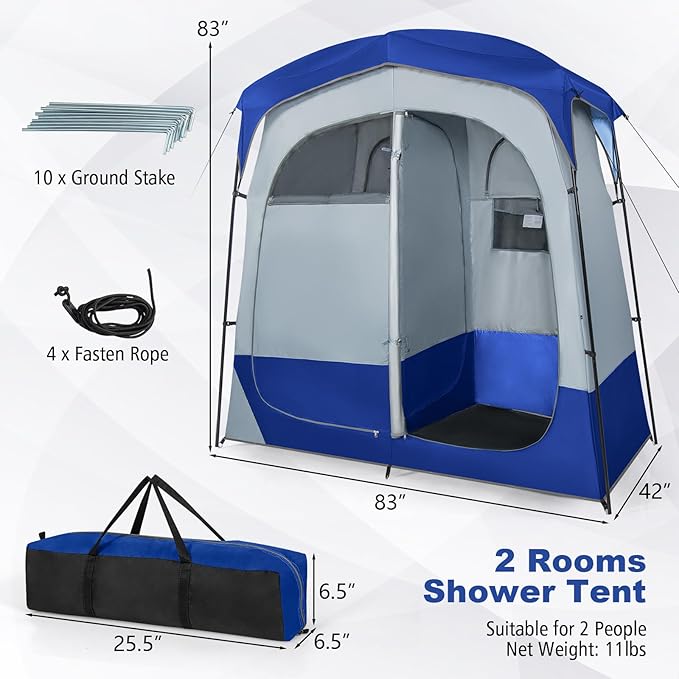 Tangkula Double Room Shower Tent Oversize Space Privacy Tent with Floor Removable Rain Fly Inside Pocket Clothesline Top Hook Portable Outdoor Changing Tent for Dressing Camping Toilet