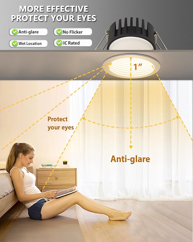 Adetu 3 Inch 5CCT Anti-Glare LED Downlight with Junction Box 2700K/3000K/4000K/5000K Selectable CRI90+ 12W COB 1160LM IP65 Waterproof Dimmable-ETL and Energy Star Certified (White12 Pack)