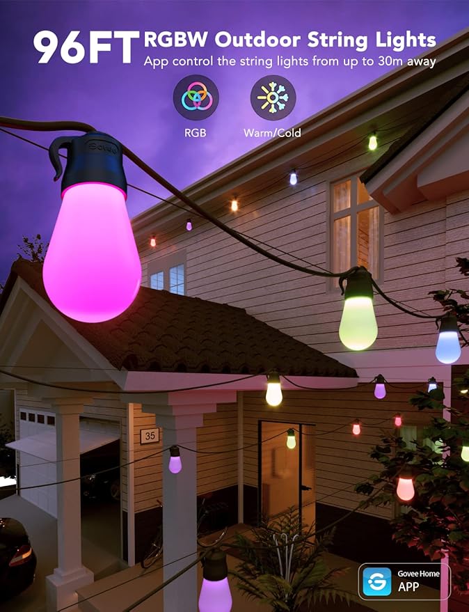 Govee Smart Outdoor String Lights H7016 96ft RGBIC Outdoor Lights with 30 Dimmable LED Bulbs IP65 Waterproof Color Changing Warm White Lights with 47 Scene Modes for Patio Backyard App Control