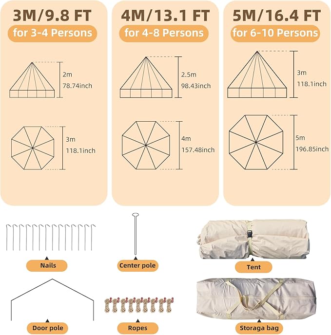 YOLENY Bell Tent Yurt Tent 4/6/8/10 Person 4 Season Waterproof Glamping Tents w/Stove Jack for Family Camping Outdoor Party Glamping Tents for Camping - 10/13.1/16.4FT