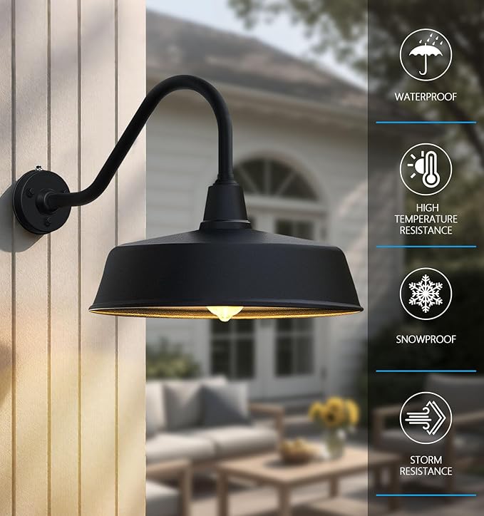 JOESA Large 18 Outdoor Gooseneck Barn Light - Rustic Barn Wall Sconce Dusk to Dawn Exterior Light Fixture for Porch &amp House - 1-Pack