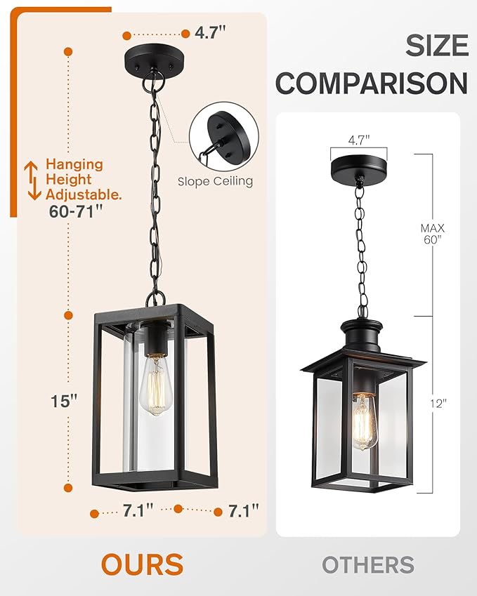 Beionxii Outdoor Pendant Light Modern Exterior Hanging Porch Lantern Black Cast Aluminum w/Clear Cylinder Glass - A291H-1PK