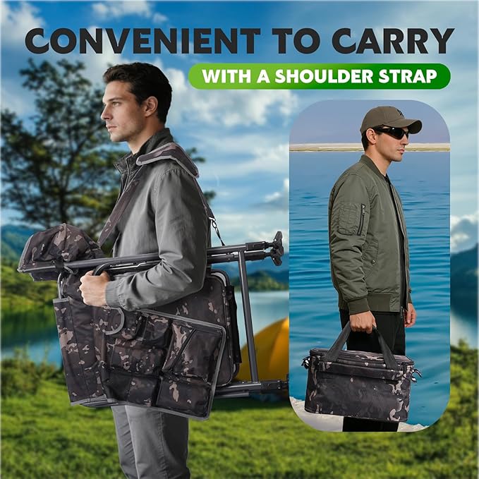 Fishing Chair with Rod Holder Folding Heavy Duty Ice Fishing Camping Chair with Liftable Cooler Bag Cup Holder Adjustable Legs
