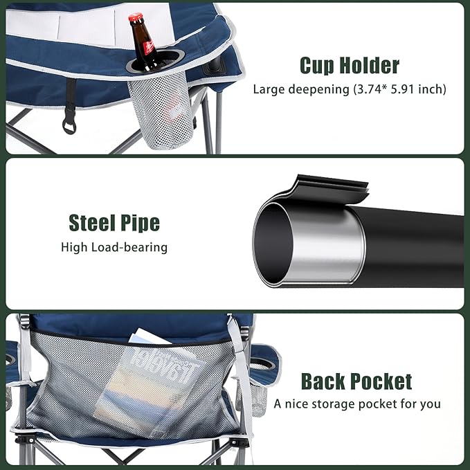 SUNNYFEEL Oversized Camping Chair 2 Pack for Big &amp Tall Adults Heavy Duty Folding Camp Chair Supports 500 lbs High Back Lawn Chair with Cup Holder Portable Outdoor Chair for Camping Fishing &am