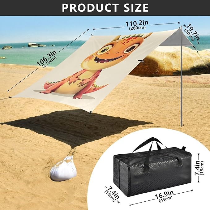 ALAZA Cute Dinosaur Dino Cartoon Beach Tent Sun Shelter UPF50+ Protection Beach Shade Canopy w/ 4 Sandbags for Outdoor Camping Fishing Backyard Fun Picnic 10x9 ft