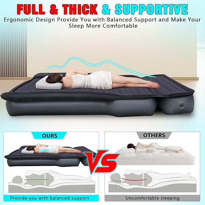 Camping Pickup Truck Bed Air Mattress 5.5-6.5FT Full Size Thickened Self Inflating Outdoor Truck Bed Mattress with Built-in USB Rechargeable Pump and 2 Pillows (84x57x10)